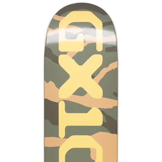 Skateboard deck with camouflage pattern and yellow logo on a white background