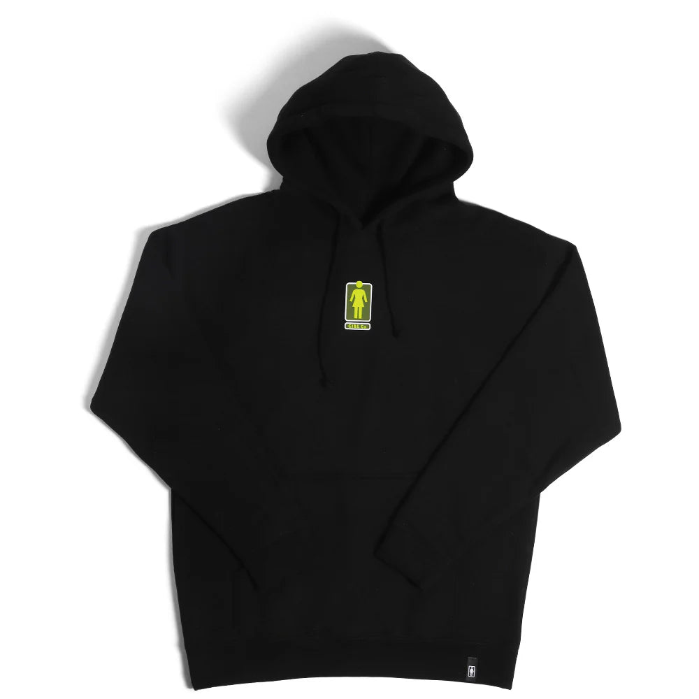 Black hoodie with a logo on the chest against a white background