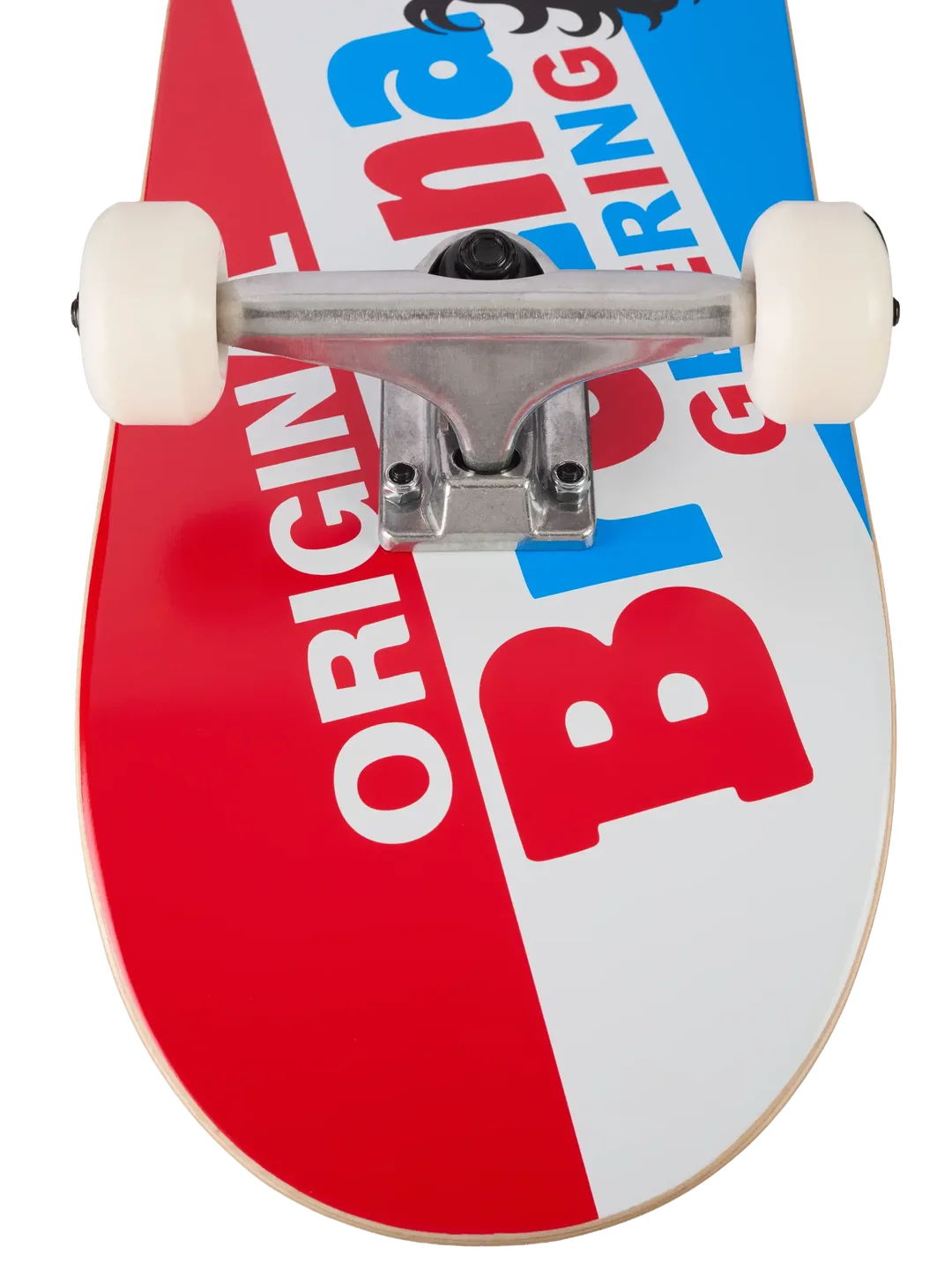 Close-up of a skateboard deck with a bold red, white, and blue graphic design featuring the text 'ORIGINAL Big Block' and a silver truck with cream-colored wheels, shown on a white background.