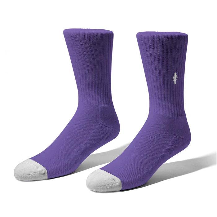 Pair of purple socks with white toes and heels on a white background