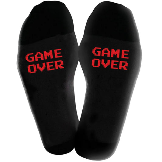 Black socks with 'GAME OVER' text in red on a white background