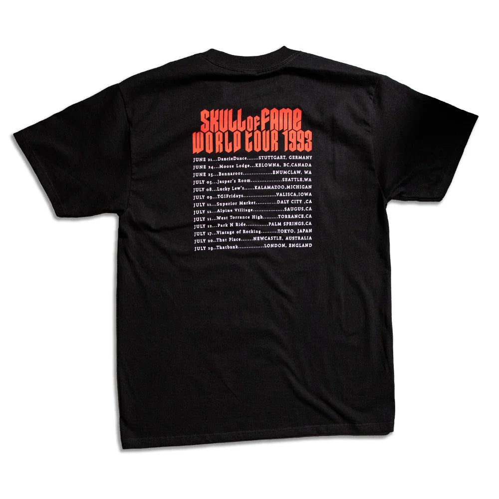 A black short-sleeve t-shirt shown from the back, featuring a red and white graphic print with the text 'Skull of Fame World Tour 1993' and a list of tour cities and dates.