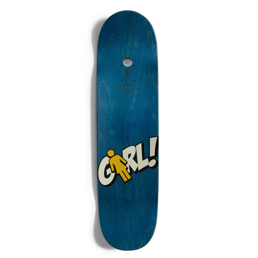 Blue skateboard deck with 'GRL!' graphic on a white background