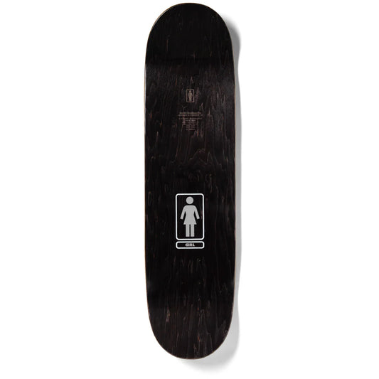 Black skateboard deck with a white logo on a white background