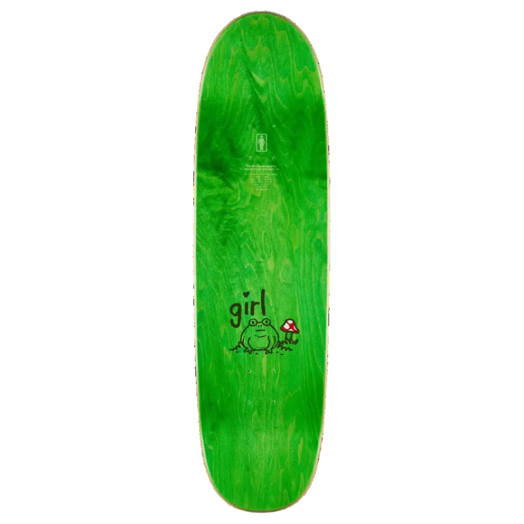 A bright green skateboard deck with a glossy wood-grain finish, featuring a black graphic of a frog and the text 'girl' with a small red mushroom, shown against a plain white background.