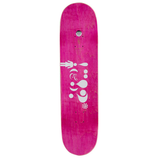 Pink skateboard deck with white graphics on a white background