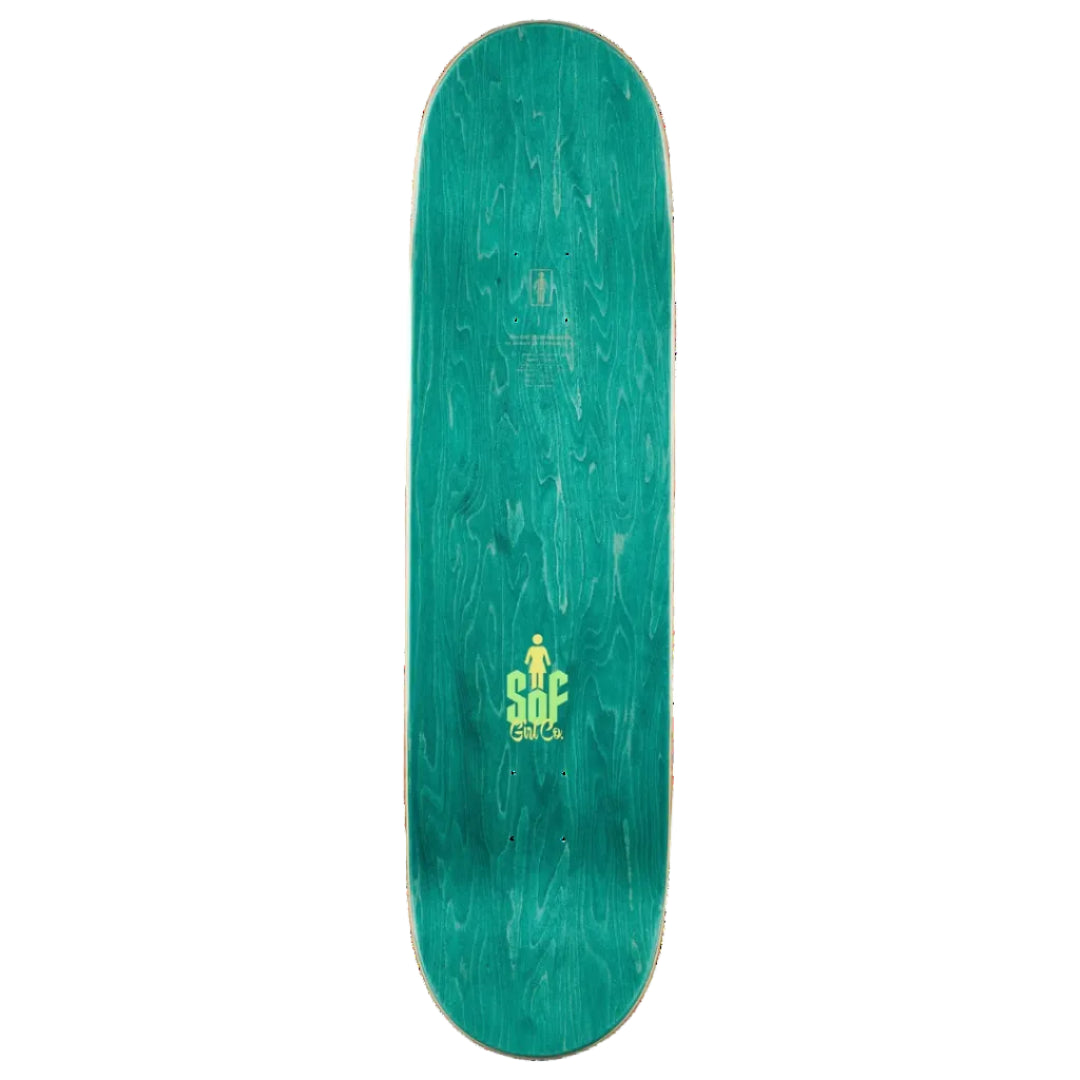 A teal green skateboard deck with a natural wood grain pattern, featuring a yellow and green 'sof girl co' logo near the bottom, shown against a solid white background.