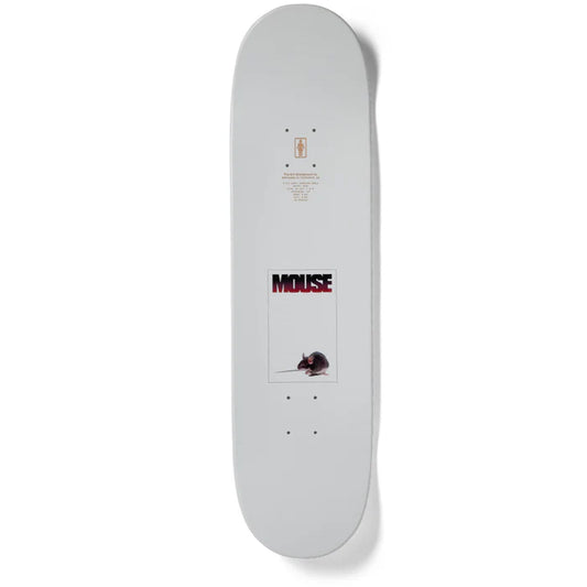White skateboard deck with 'MOUSE' logo on a white background
