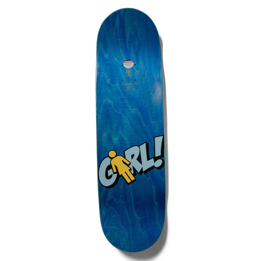 Blue skateboard deck with 'GRL!' graphic on a white background