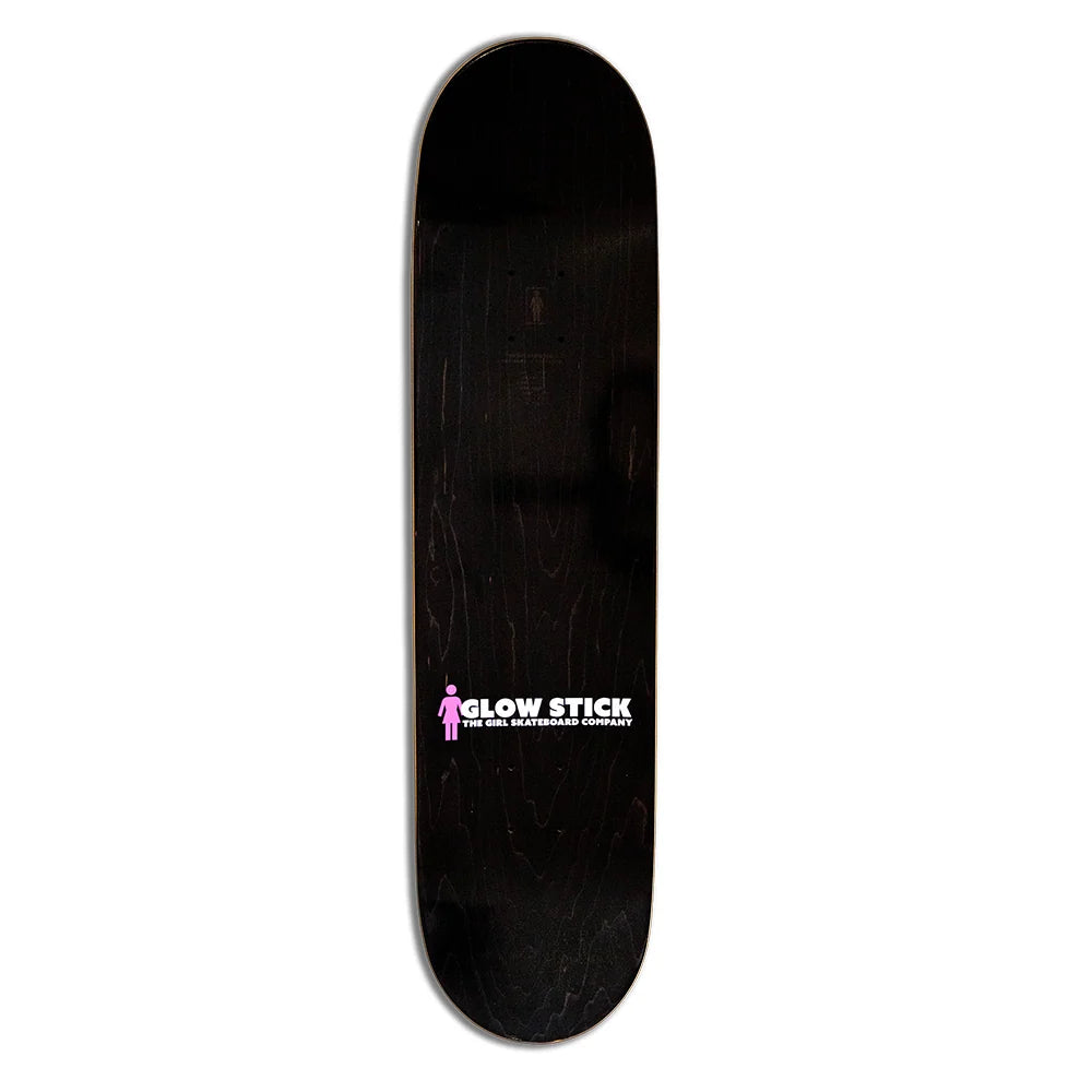 A dark wood skateboard deck shown vertically against a plain white background, featuring a white and pink 'GLOW STICK' logo near the bottom.