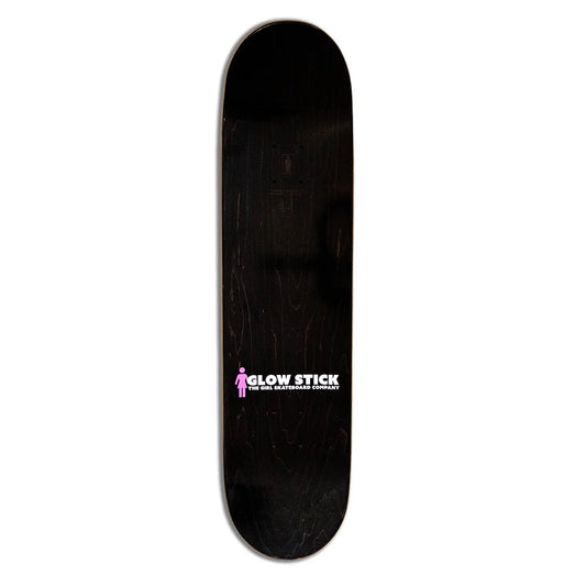 A dark wood skateboard deck shown vertically against a plain white background, featuring a white and pink 'GLOW STICK' logo near the bottom.
