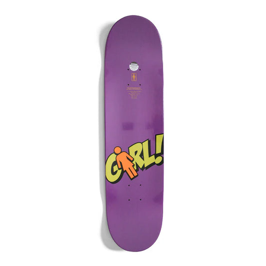 Purple skateboard deck with 'Girl!' logo on a white background