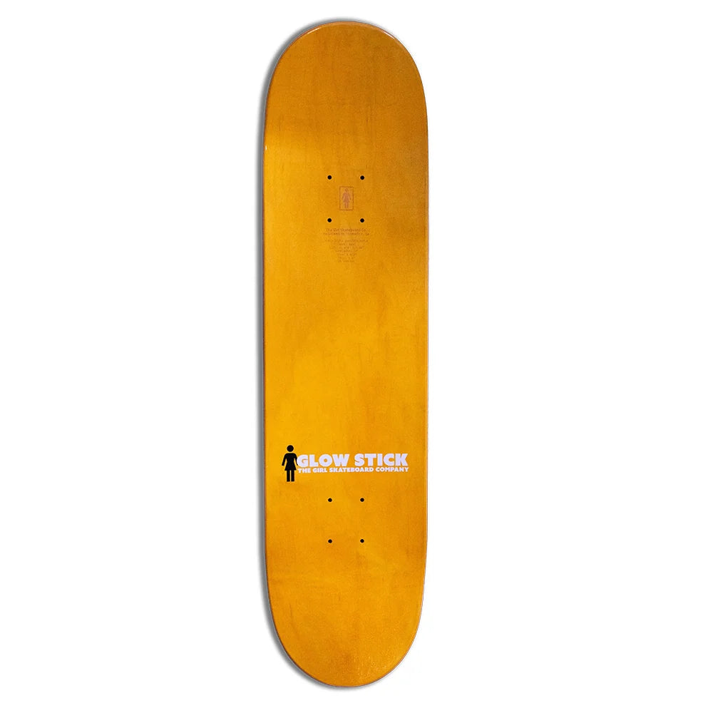 A skateboard deck with a glossy amber-orange finish, featuring the 'Glow Stick' logo printed in white and black near the bottom center, set against a plain white background.