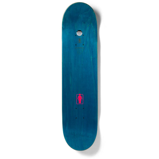 Blue skateboard deck with a red logo on a white background