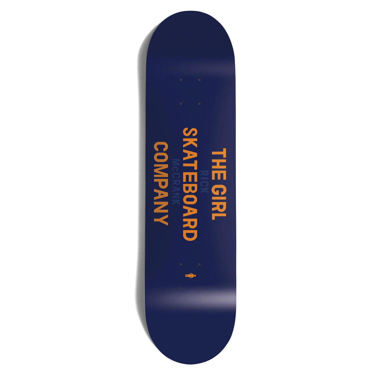 A skateboard deck shown vertically against a plain white background. The deck is dark navy blue with vertical orange text reading 'THE GIRL SKATEBOARD COMPANY' and a small orange logo near the bottom.