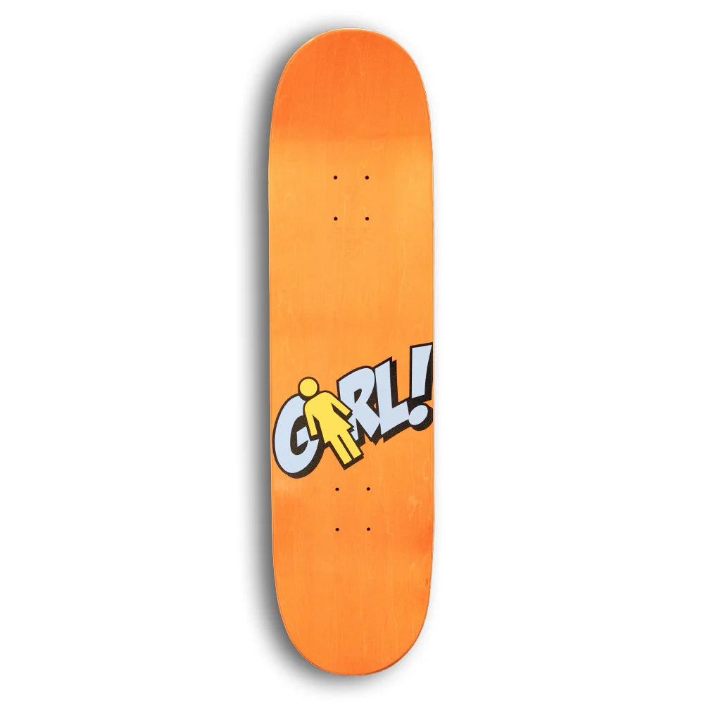 Orange skateboard deck with 'GRL!' graphic on a white background