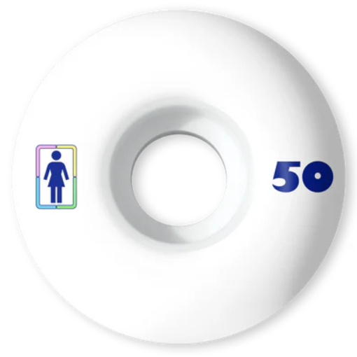 White skateboard wheel with a logo and number '50' on a white background