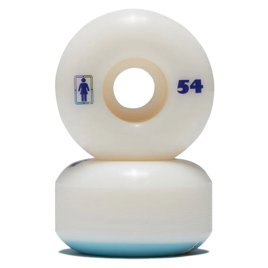 Two skateboard wheels with a white and blue design on a white background