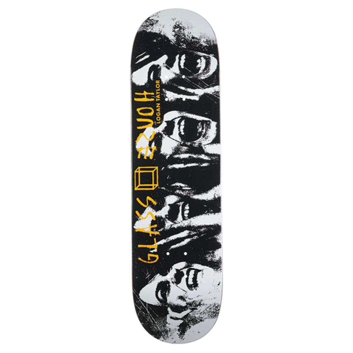 Skateboard deck with black and white graphic design on a white background