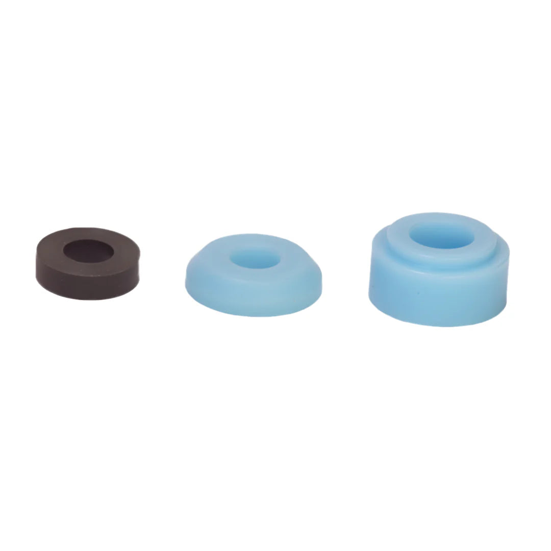 Three rubber bushings in black and blue on a white background