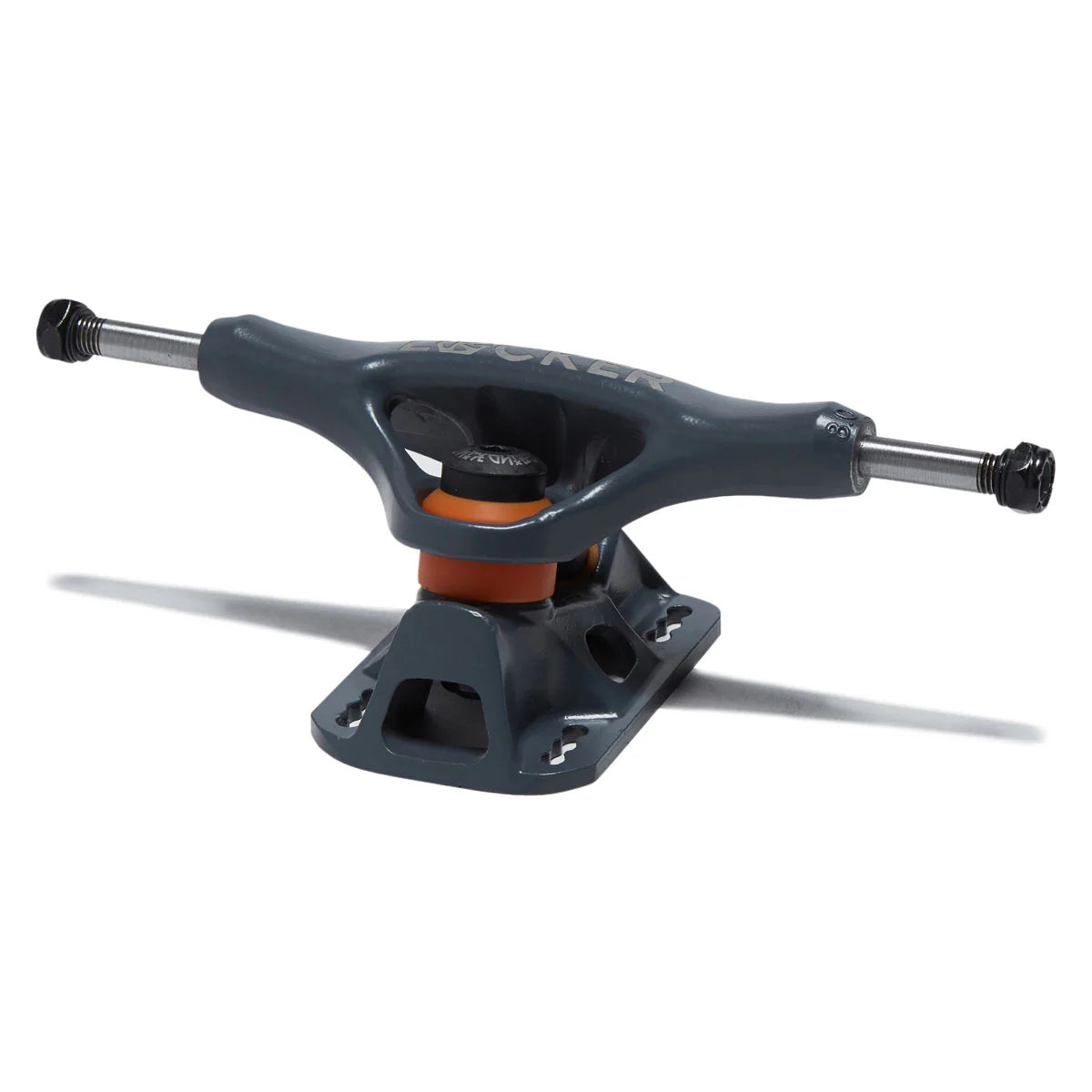 Skateboard truck with black and orange design on a white background