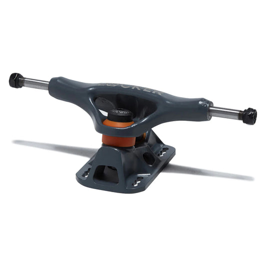 Skateboard truck with black and orange design on a white background