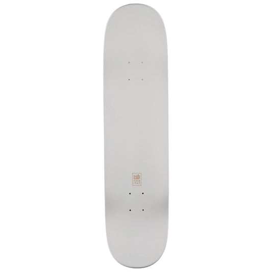 A silver skateboard deck shown vertically against a plain white background.