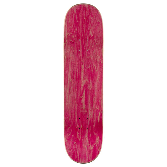 A skateboard deck shown from the top, featuring a vibrant magenta-pink wood grain finish with natural light-colored grain patterns, isolated on a white background.