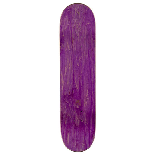 A purple skateboard deck with a prominent natural wood grain pattern, shown vertically against a plain white background.