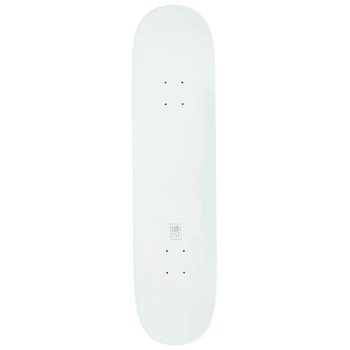 White skateboard deck with a logo on a white background
