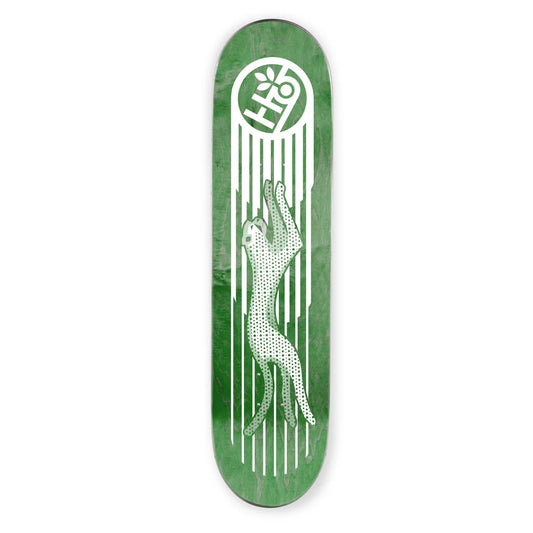 Green skateboard deck with white graphic design on a white background