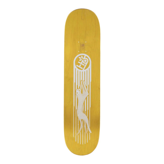 Yellow skateboard deck with a white graphic design on a white background