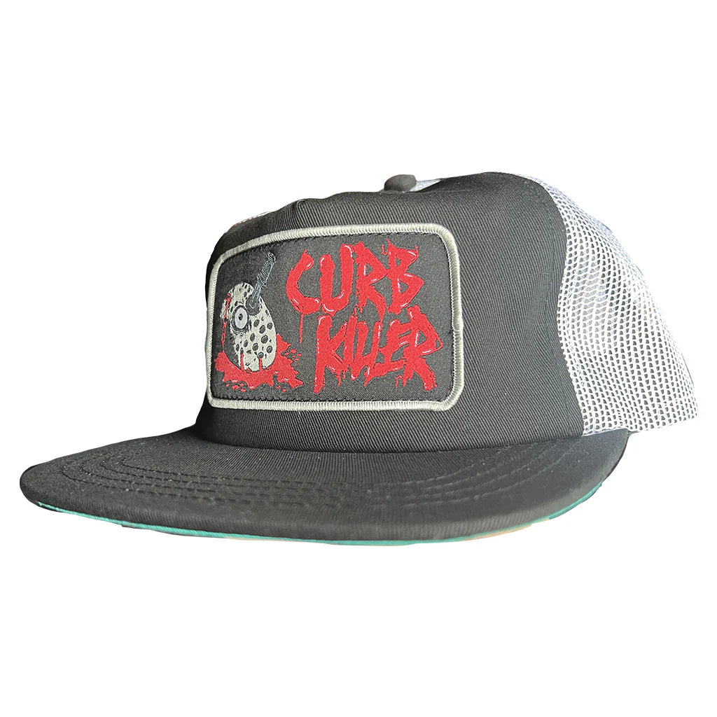 Gray trucker hat with red and white graphic on a white background