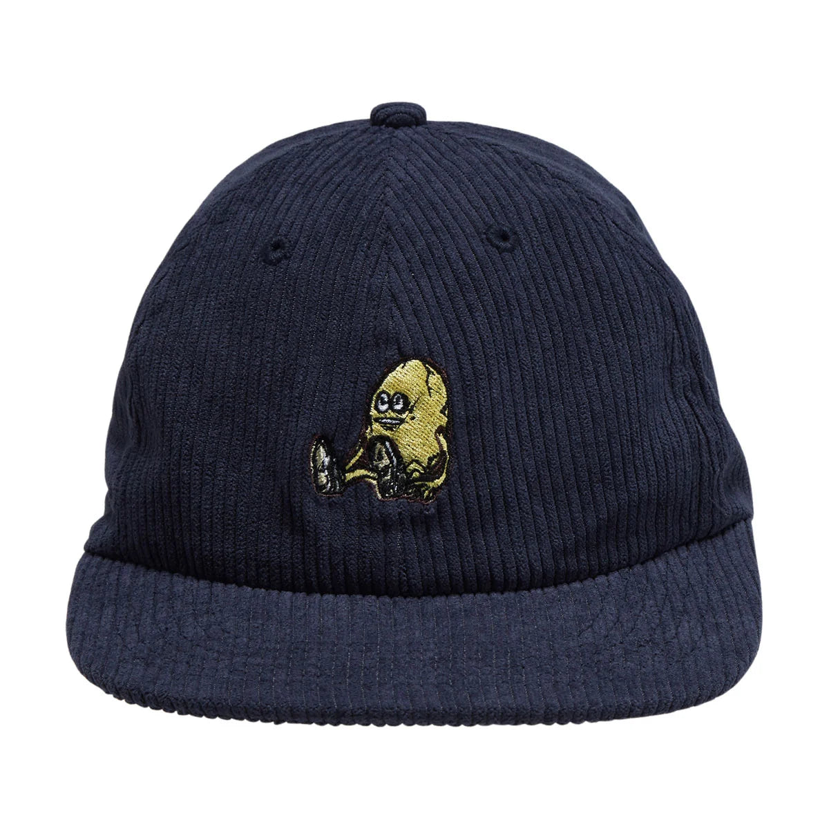 A navy blue corduroy flat-brim cap featuring an embroidered cartoon alien sitting on the front, set against a plain white background.