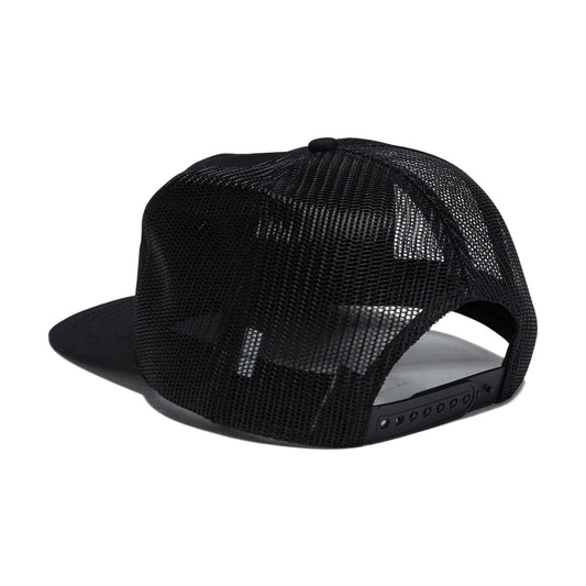 A black trucker-style snapback cap with a black mesh back and a solid black flat brim, shown from a three-quarters angle on a white background.