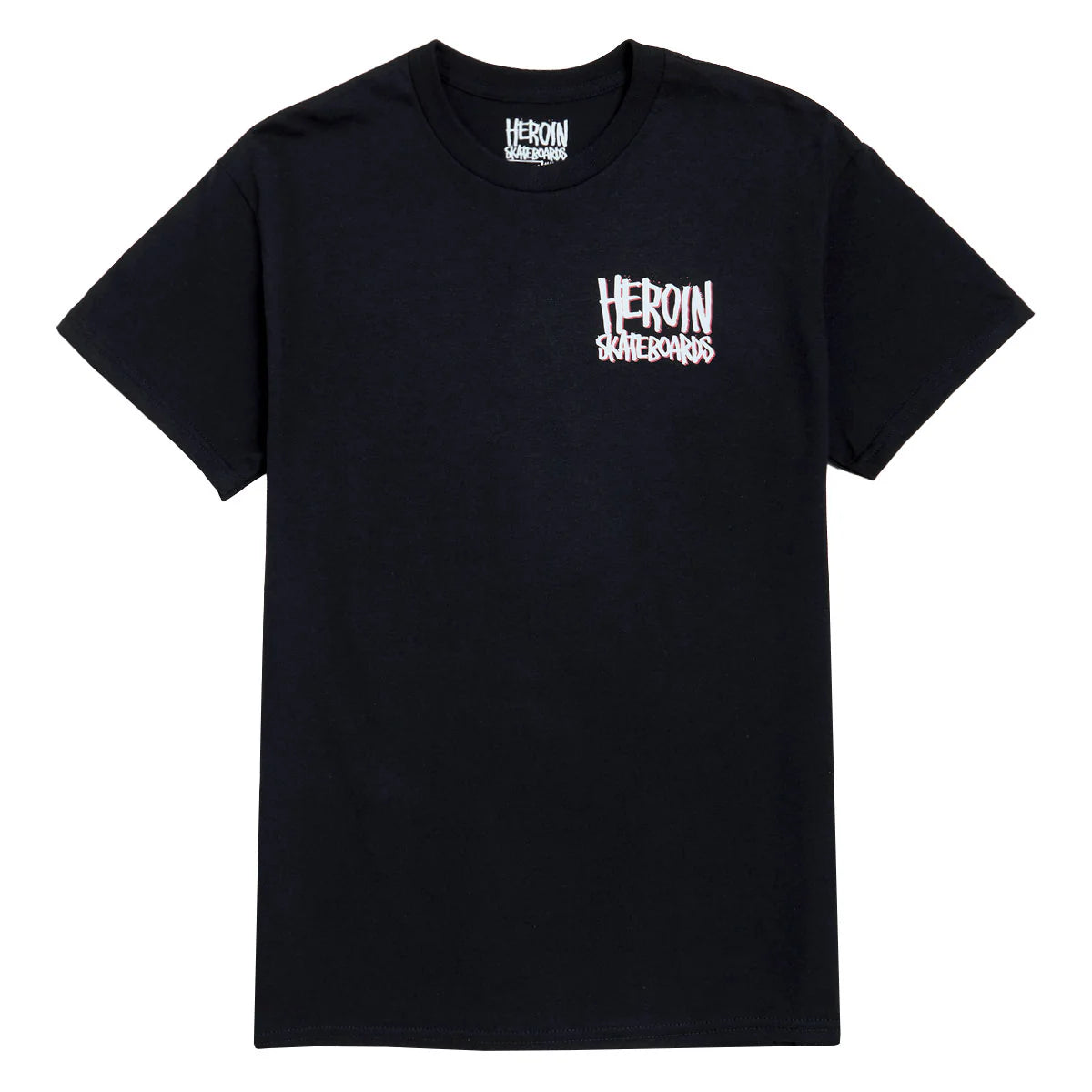 Black t-shirt with white logo on a white background