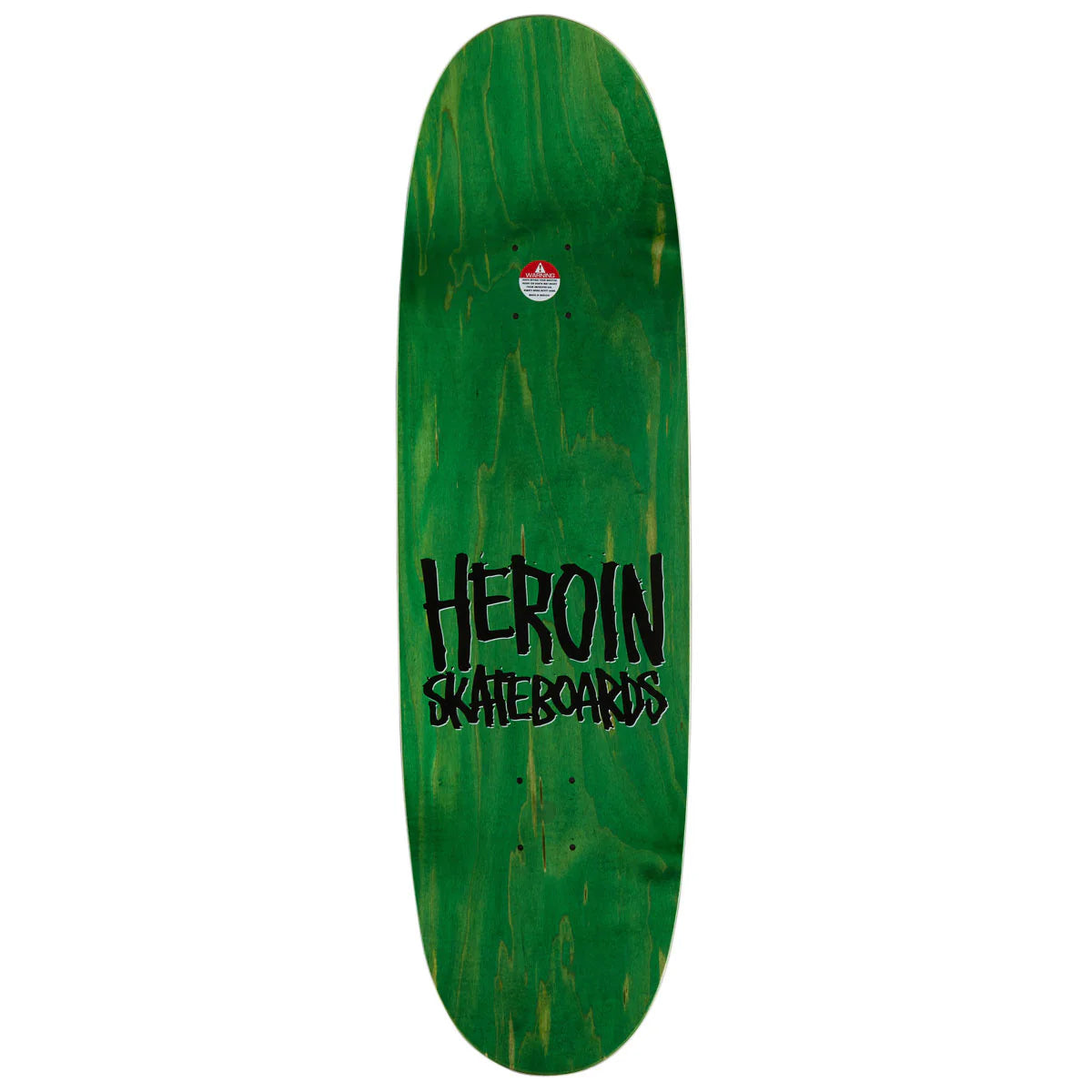 A green skateboard deck with a marbled wood-grain pattern and the 'HEROIN SKATEBOARDS' logo printed in black in the center, shown against a plain white background.