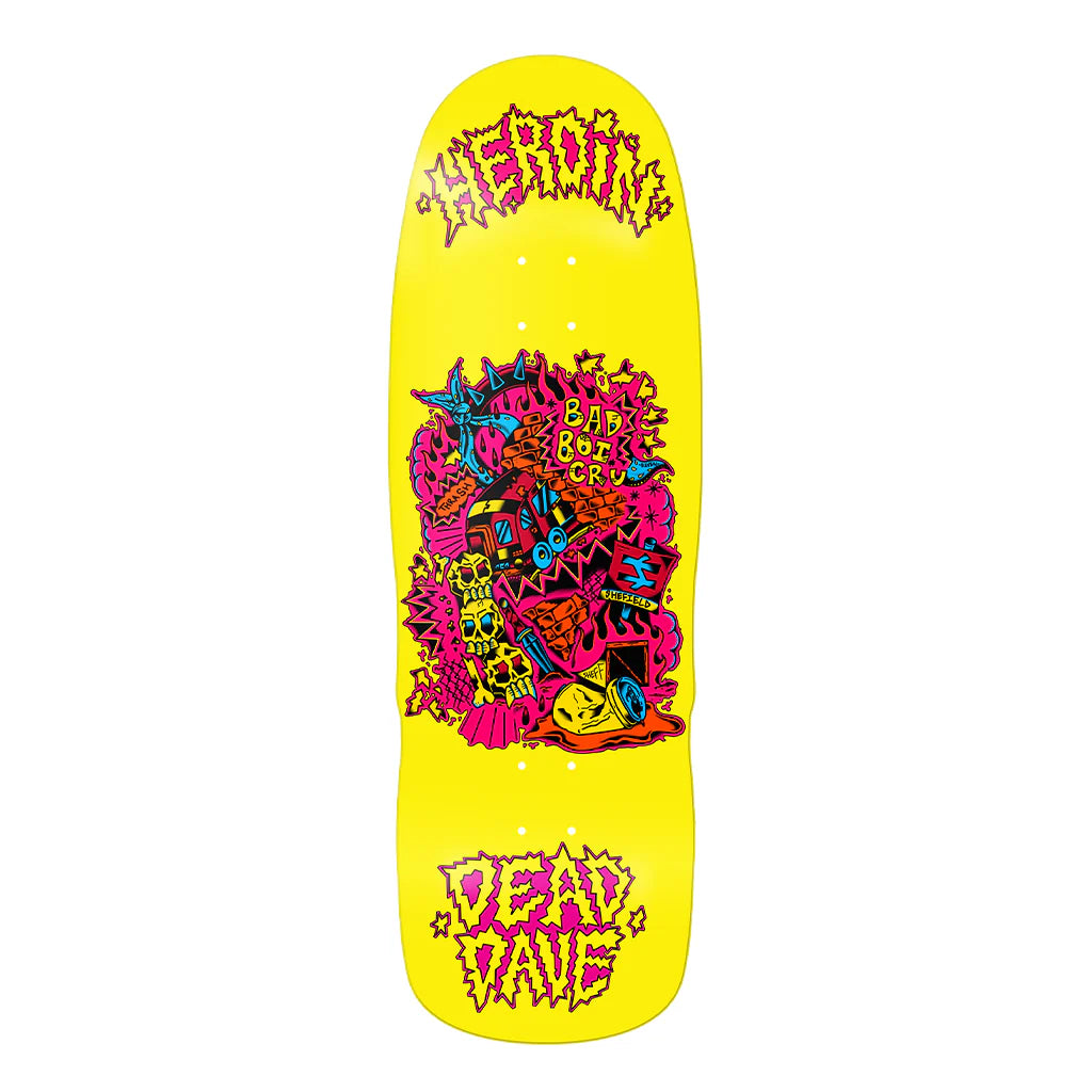 Colorful skateboard deck with graphic design on a yellow background