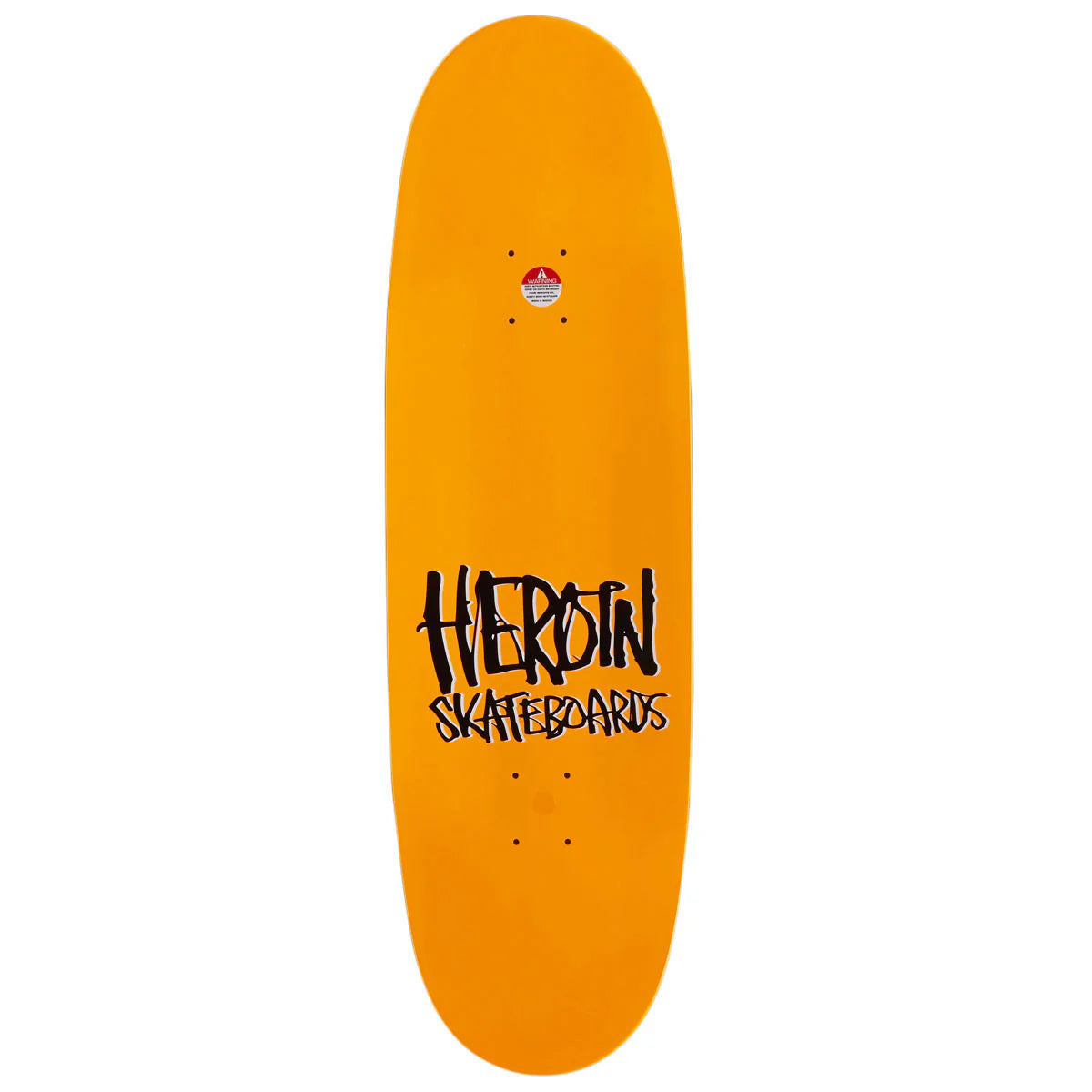 An orange skateboard deck with a black 'HEROIN SKATEBOARDS' logo printed in the center, shown against a plain white background.