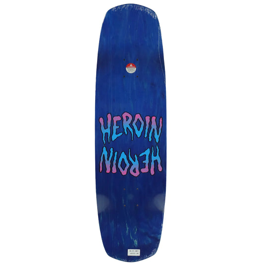 A blue skateboard deck with a glossy finish, featuring the word 'HEROIN' printed vertically in a dripping pink and light blue graffiti-style font. A small red and white logo is visible near the nose, and a white sticker is at the tail, set against a plain white background.