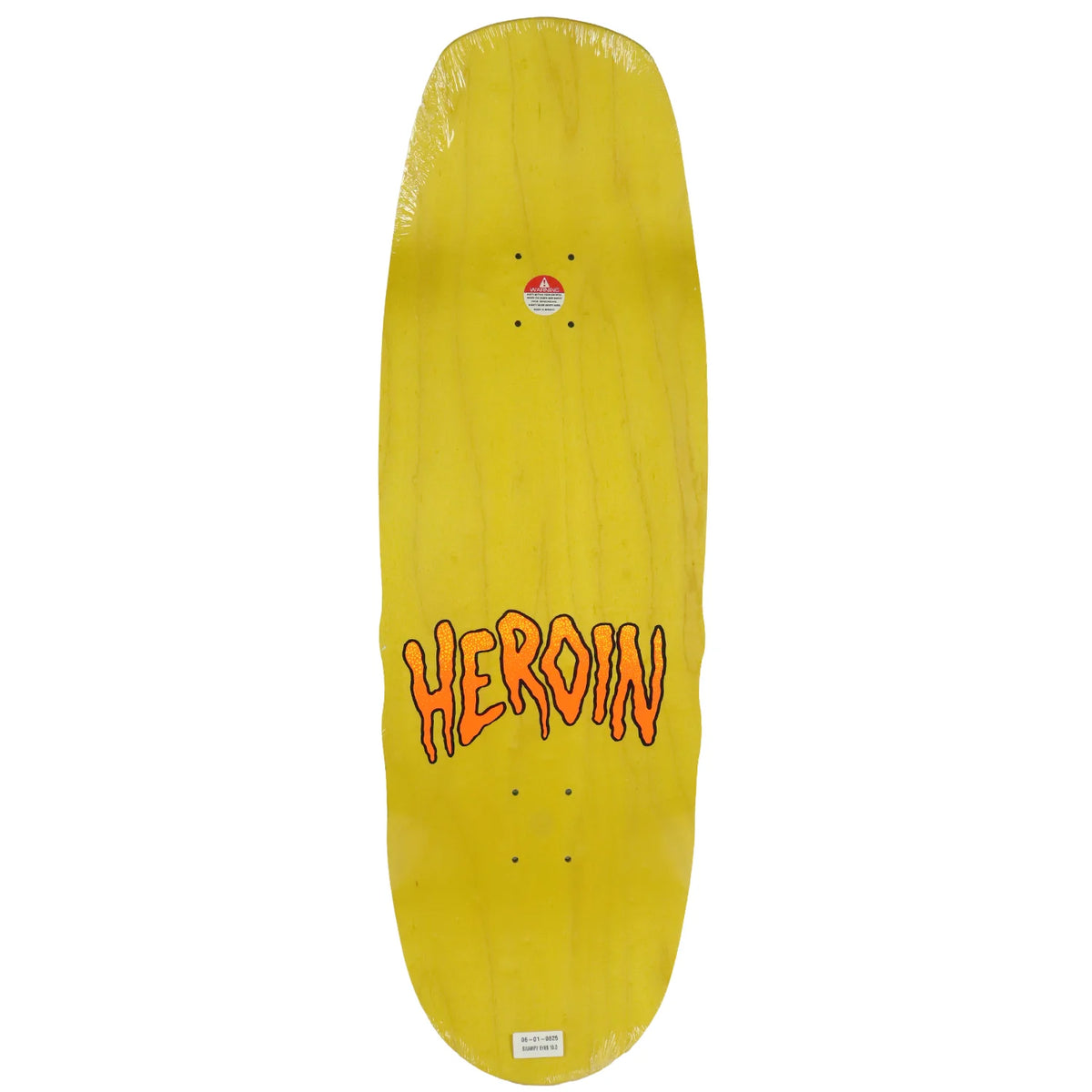 A yellow skateboard deck with the word 'HEROIN' printed in orange and black across the center, shown on a plain white background.