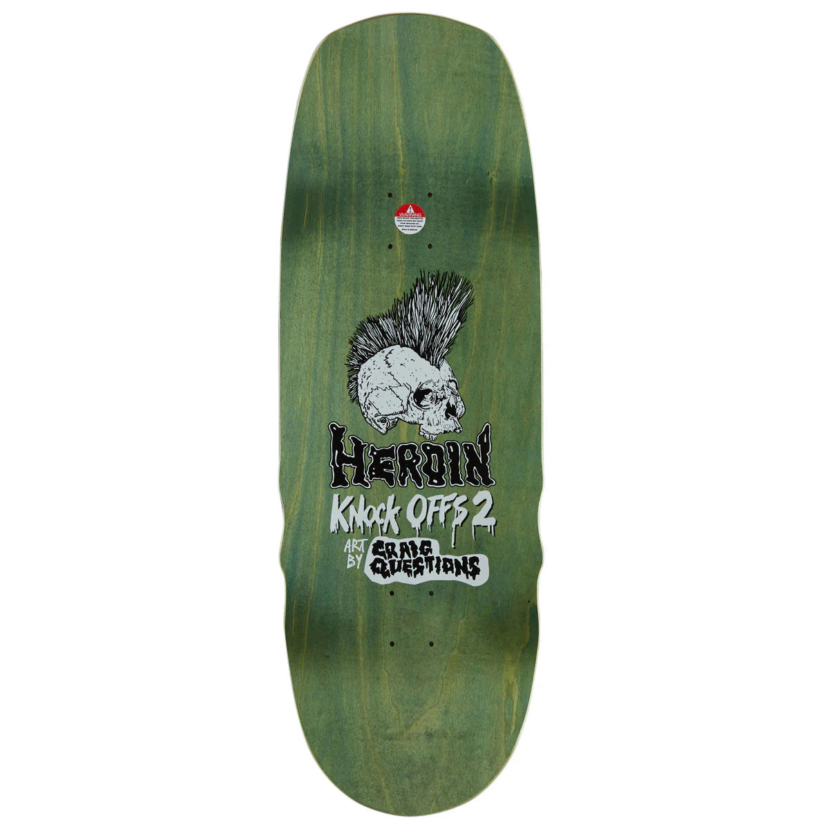 A green skateboard deck with a skull and text graphic on the underside, featuring the brand name Heroin and the text 'Knock Offs 2' and 'craig Questions'.