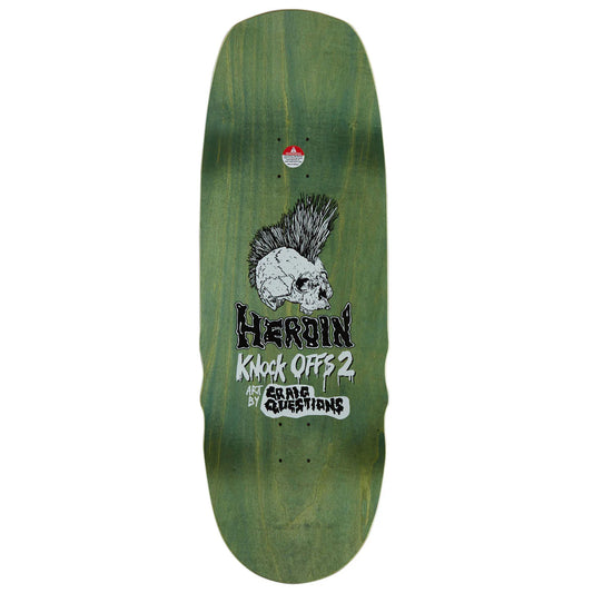 A green skateboard deck with a skull and text graphic on the underside, featuring the brand name Heroin and the text 'Knock Offs 2' and 'craig Questions'.
