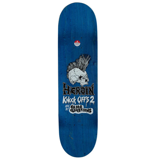 A blue skateboard deck featuring a graphic of a skull with a mohawk, the text 'Hardin Knock Offs 2' and 'Skate Questions' in white and black.