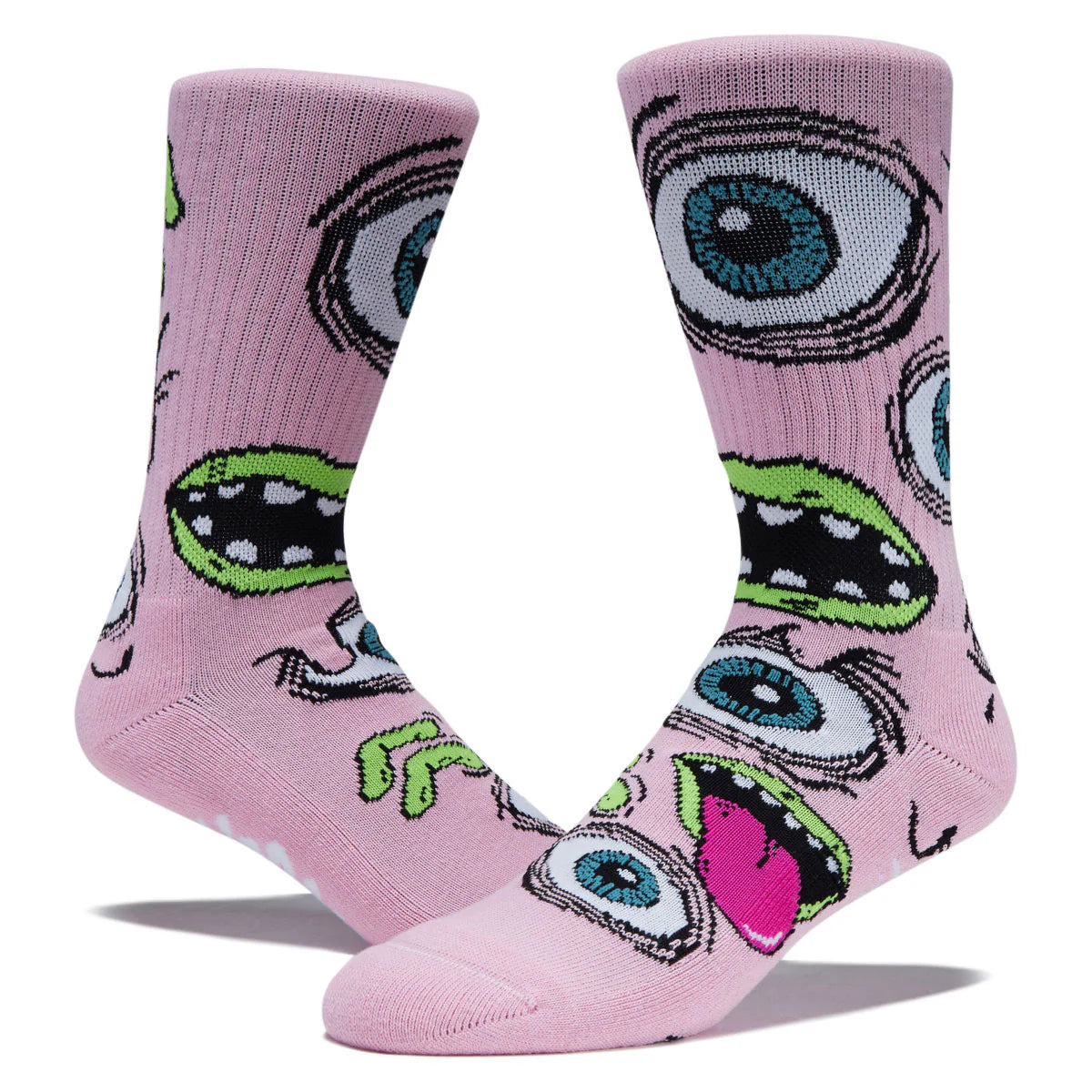 Pink socks with eye designs on a white background