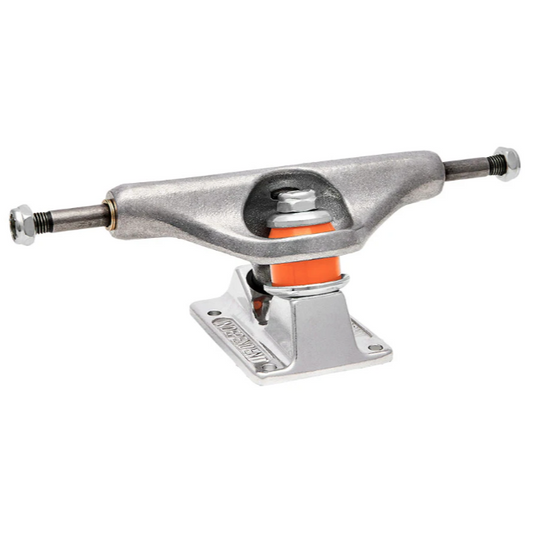 Skateboard truck with silver metal and orange bushings on a white background