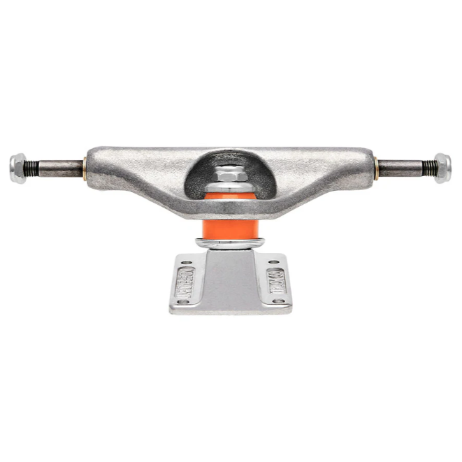 Skateboard truck with silver metal and orange bushing on a white background