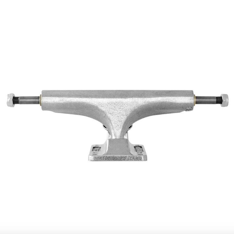 Skateboard truck with silver finish on a white background