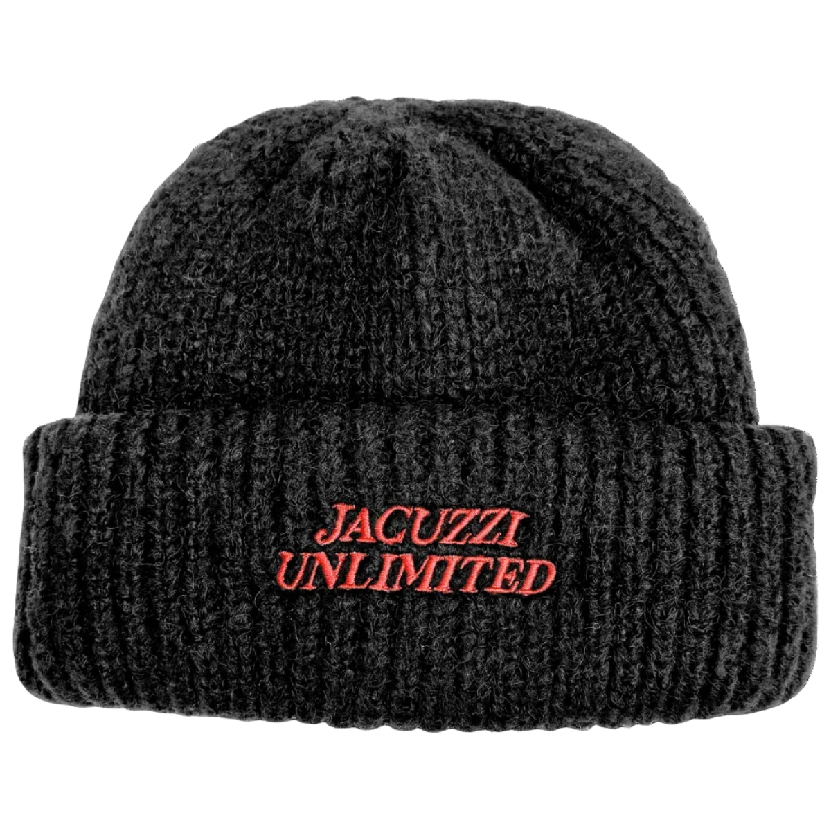 Black knit beanie with 'Jacuzzi Unlimited' text in red on a white background