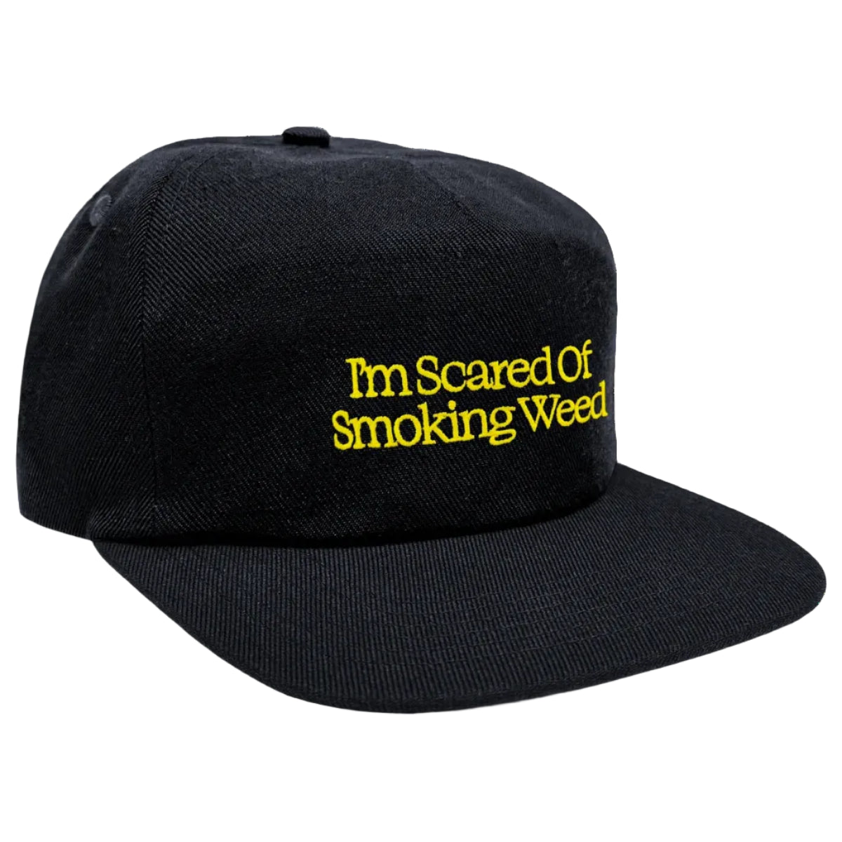 Black cap with yellow text 'I'm Scared Of Smoking Weed' on a white background